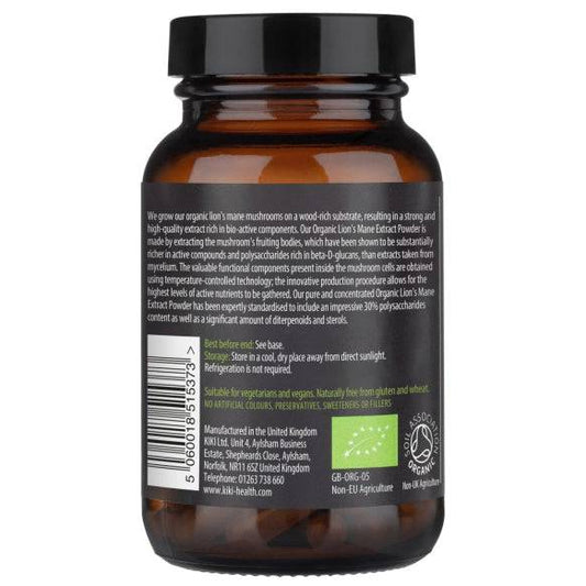 Organic Lion's Mane Mushroom Extract Powder supplement by Herbalistas, showcasing the 50g package of powdered mushroom extract.