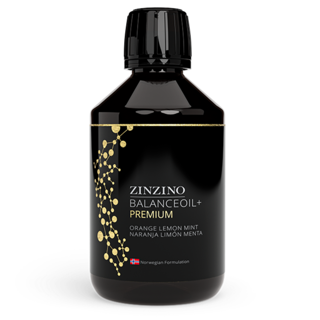 Zinzino BalanceOil+ Premium Omega 3 supplement in a 300 ml bottle with a clear label and dropper cap.