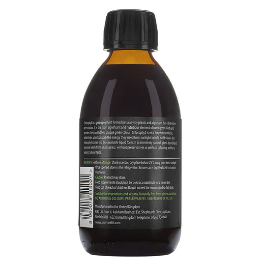 Herbalistas Kiki Health Liquid Chlorophyll supplement in a 250ml bottle, showing the back label with product details.