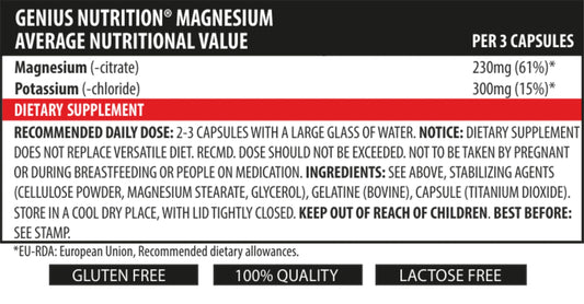 Genius Nutrition Magnesium supplement capsules in a bottle, showcasing the 90-count packaging and label details.