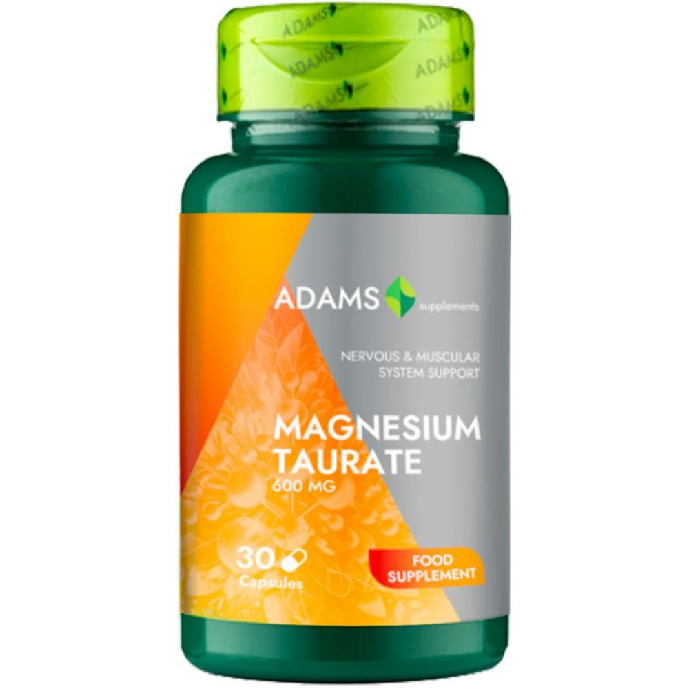 Bottle of Adams Supplements Magnesium Taurate capsules, 30 count, with label showing supplement details.