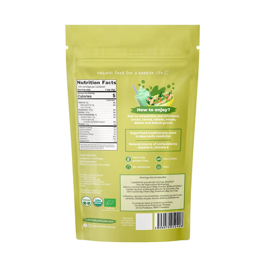 Organic Moringa powder supplement in 200g package from Herbalistas, showcasing vibrant green powdered moringa on the packaging.