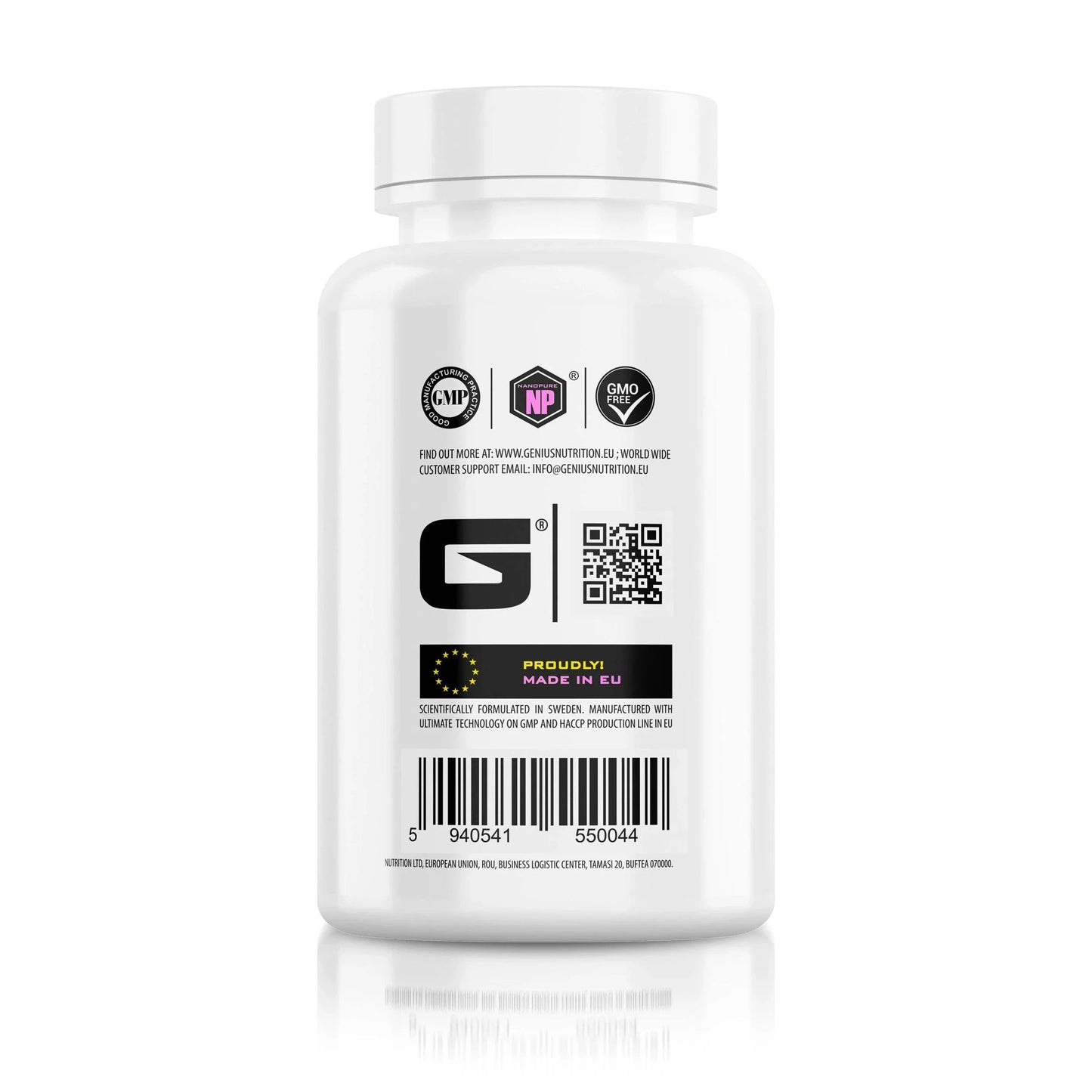 Genius Nutrition MSM supplement bottle with 90 capsules, white background, showing label and product details.