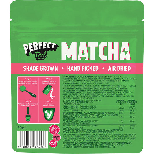 Ceremonial grade Strawberry Matcha powder by Herbalistas in a 75g container, vibrant green matcha with fresh strawberry flavor.