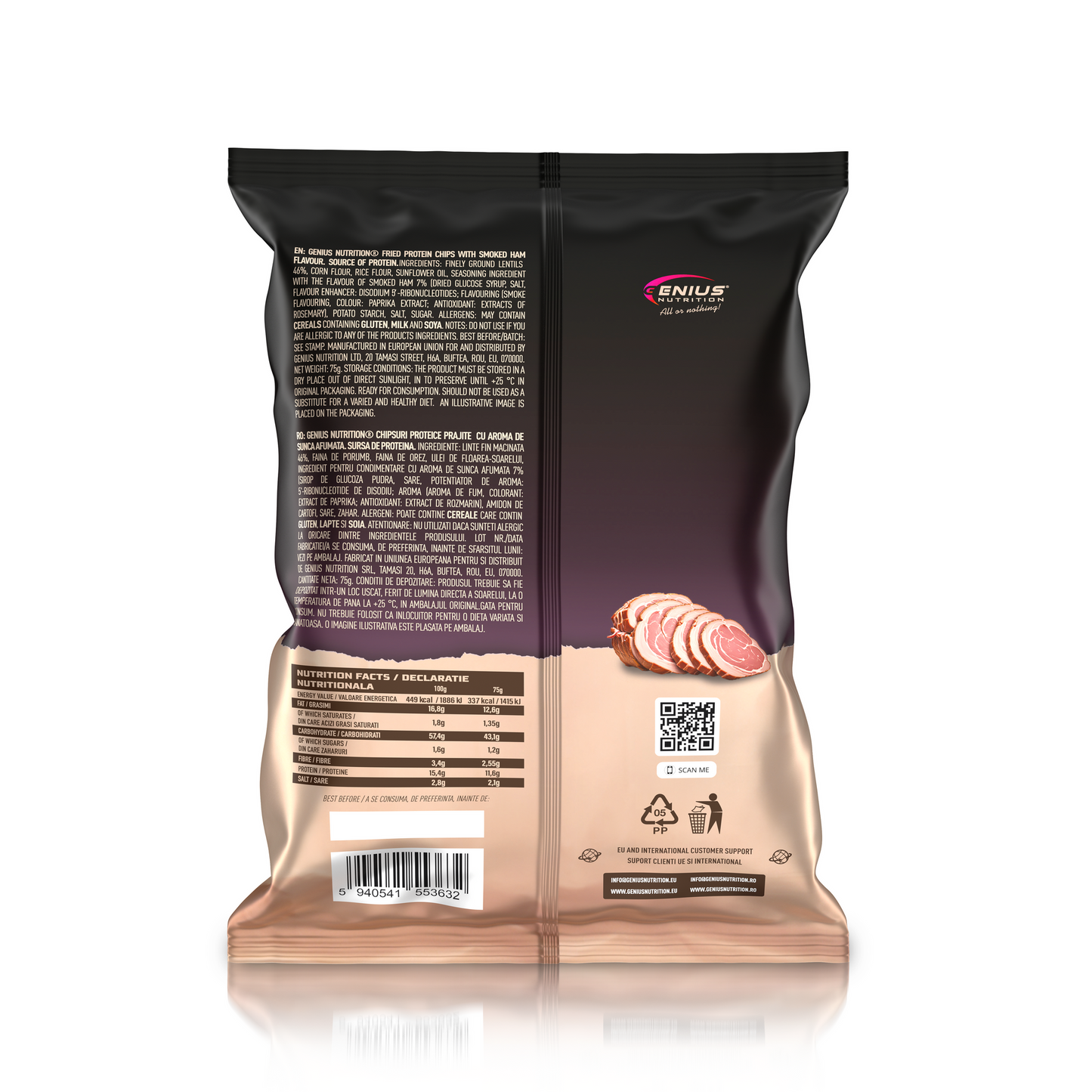 Genius Nutrition Protein Lentil Chips with smoked ham flavor, 75g energy snack on white background.