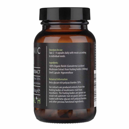Organic Reishi Mushroom supplement in 60 Vegicaps by Herbalistas, showcasing the capsule bottle and reishi mushroom extract.