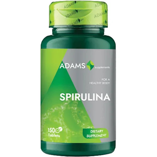 Adams Supplements Spirulina 400mg supplement bottle with 150 capsules, showing the product label and capsules inside.