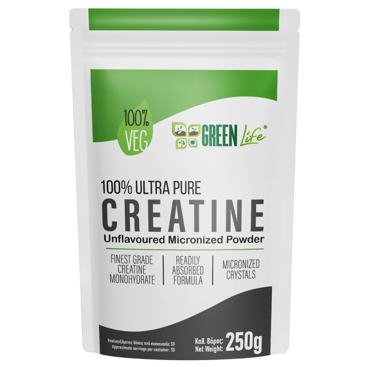 Green Life Cyprus 100% Ultra Pure Creatine 250g container, showcasing the label and product packaging for athletic supplement.