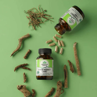 Organic India Liver-Kidney Care supplement capsules by Herbalistas, featuring a bottle of 90 capsules with herbal ingredients.