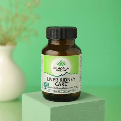 Organic India Bio Liver-Kidney Care supplement bottle showing 90 capsules, herbal supplement for liver and kidney health.