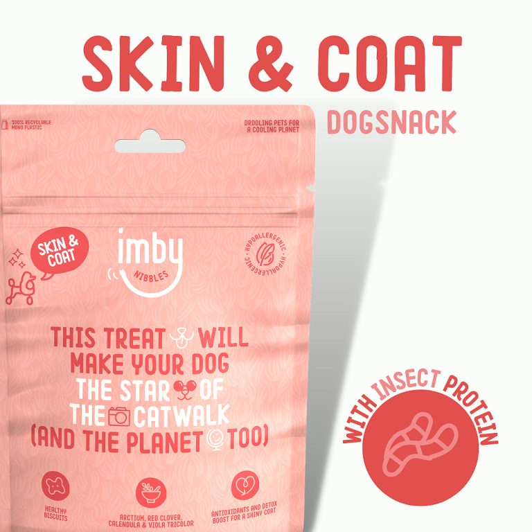 IMBY Skin & Coat dog product in a 100g package, showcasing a clean and modern design for pet care.