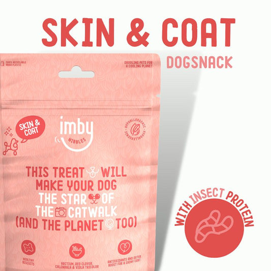 IMBY Skin & Coat dog product in a 100g package, showcasing a clean and modern design for pet care.