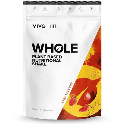 Vivo Life Whole Plant Based Nutritional Shake supplement in a container with scoop and ingredients visible on label.