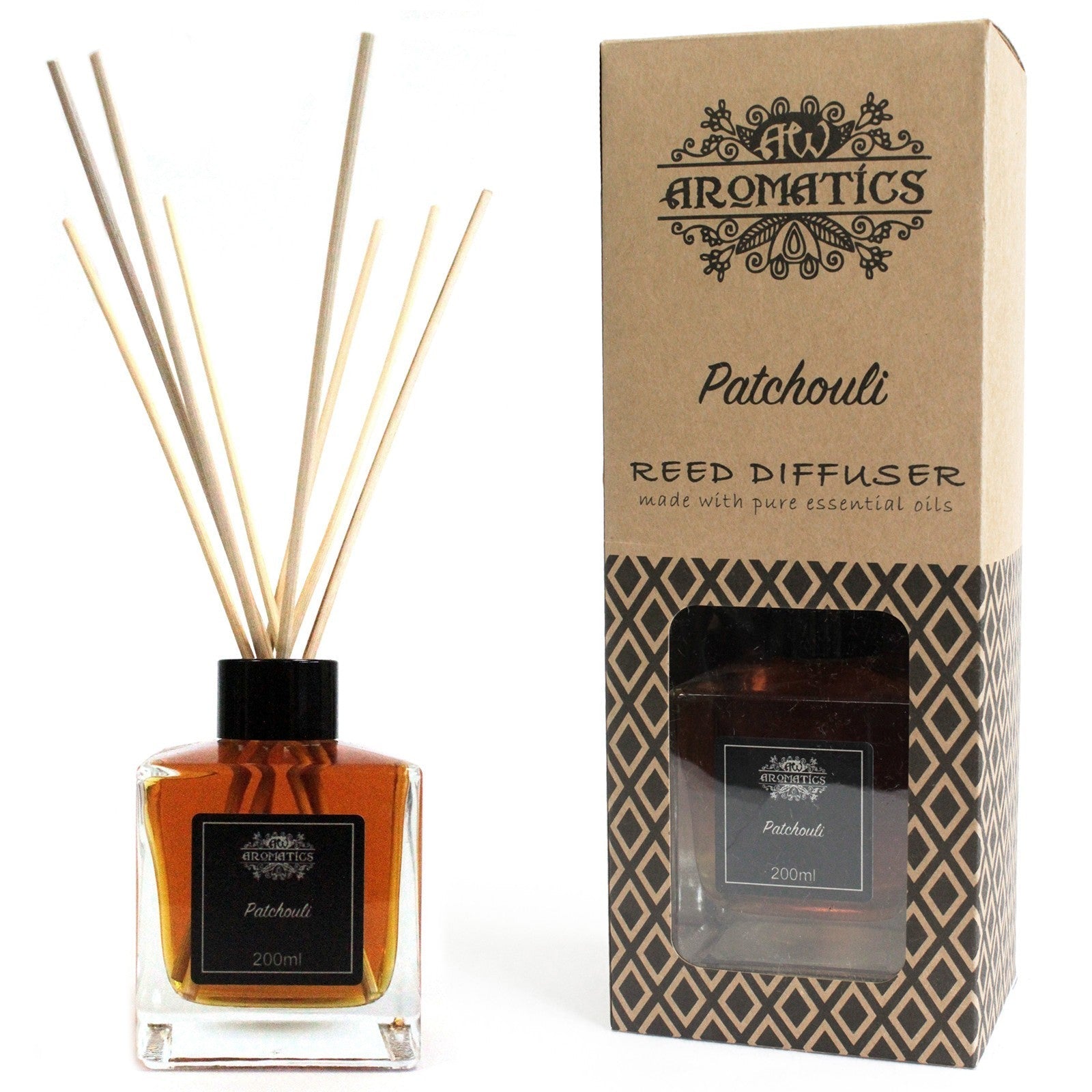 AW Gifts 200ml Patchouli Essential Oil Reed Diffuser accessory with glass bottle and reed sticks for fragrant home decor.