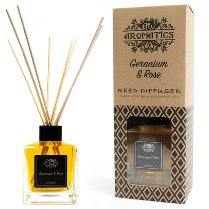 AW GIFTS 200ml Geranium and Rose essential oil reed diffuser with glass bottle and natural reeds for home fragrance.