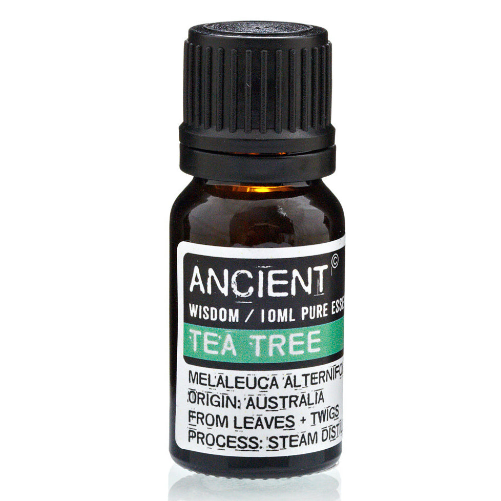 AW Gifts Tea Tree Essential Oil 10ml bottle for skin care, with natural dropper cap and clear labeling on a white background.