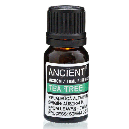 AW Gifts Tea Tree Essential Oil 10ml bottle for skin care, with natural dropper cap and clear labeling on a white background.