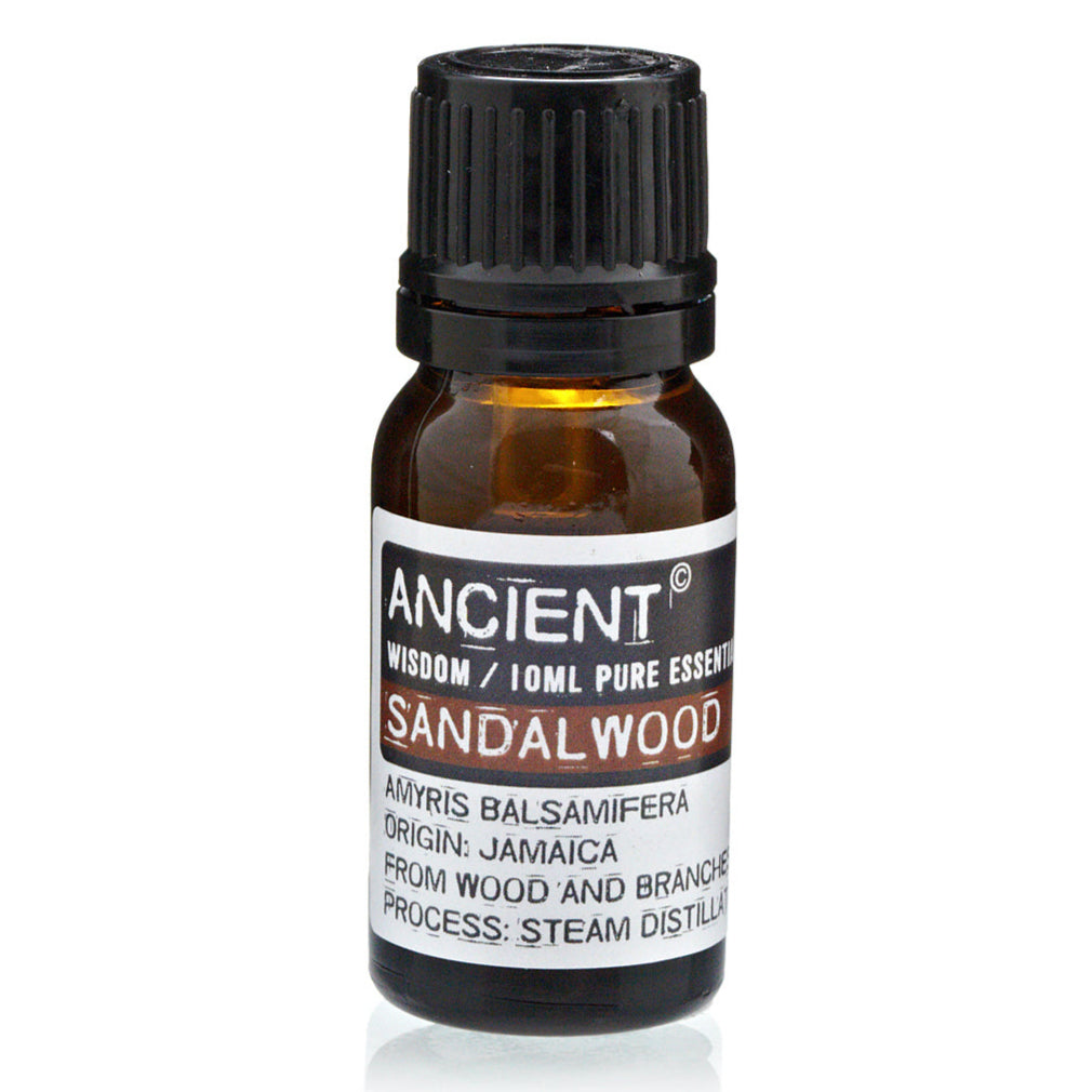 AW GIFTS Sandalwood Amyris essential oil 10ml bottle for skin care, with amber-colored glass and dropper cap.