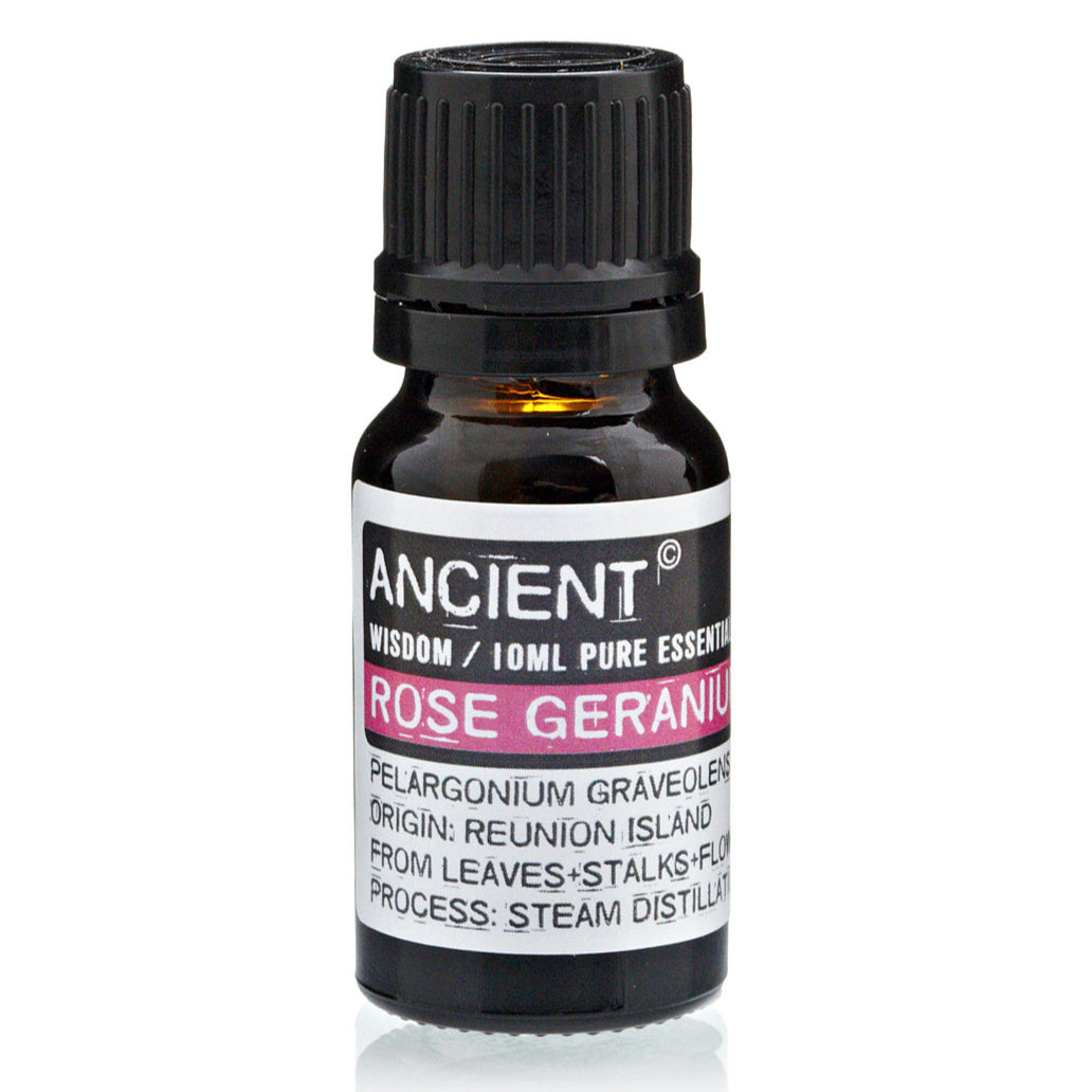 Rose Geranium Essential Oil from AW GIFTS for skin care, 10ml bottle with a clear glass container and dropper cap.