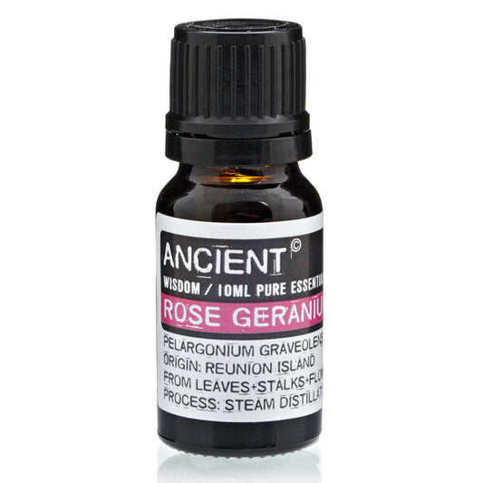 Rose Geranium Essential Oil from AW GIFTS for skin care, 10ml bottle with a clear glass container and dropper cap.