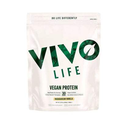Vivo Life plant-based protein powder with 30 servings, showing the green and white packaging and scoop of protein powder inside.