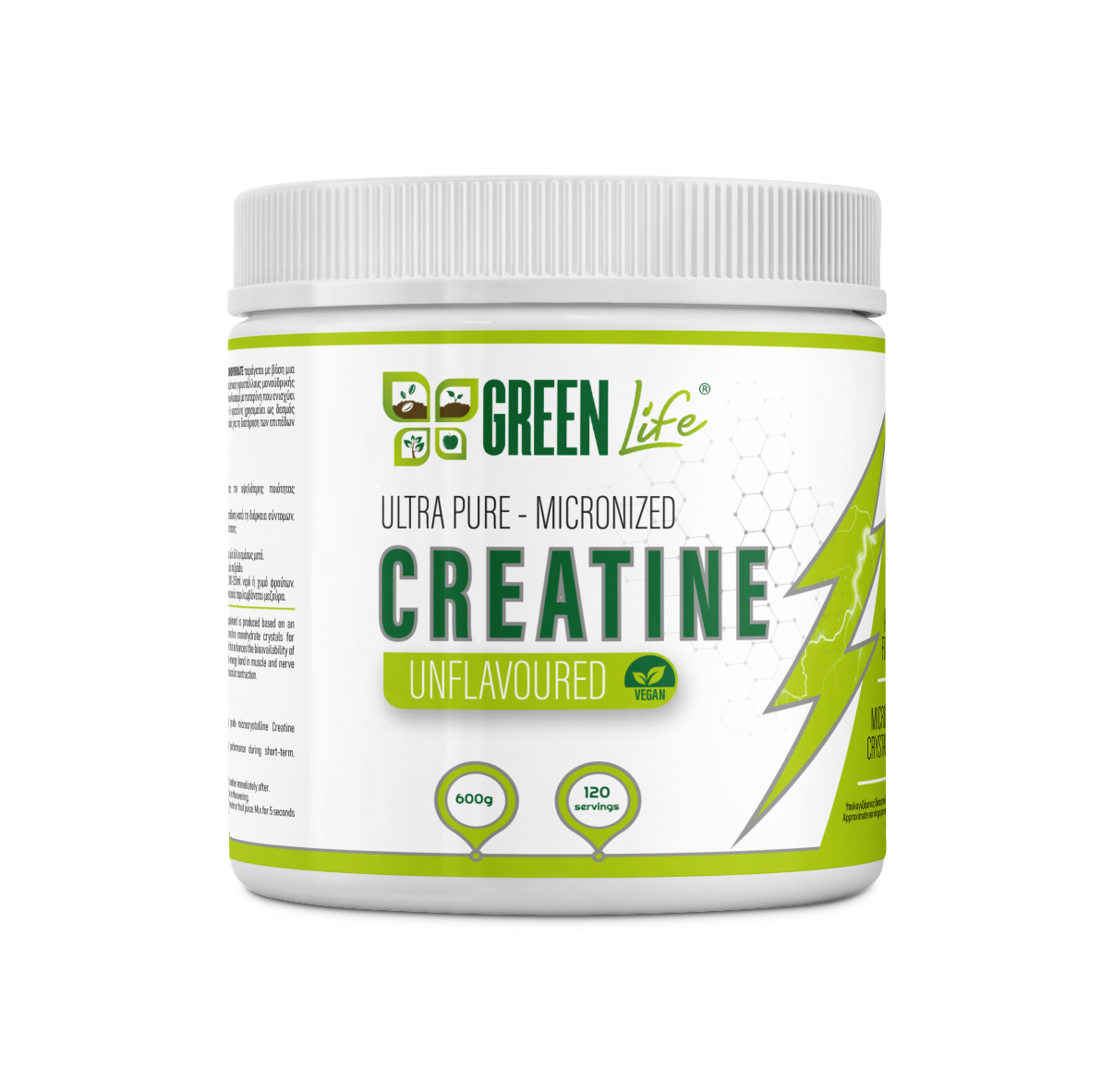 Green Life Ultra Pure Micronized Creatine Monohydrate in a clear container, unflavored vegan supplement with 600g capacity