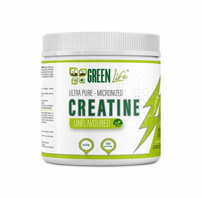Green Life Ultra Pure Micronized Creatine Monohydrate in a clear container, unflavored vegan supplement with 600g capacity