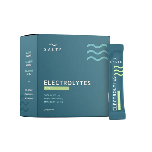 Herbalistas Salte Performance Electrolytes supplement with apple flavor, 30 sachets, featuring electrolyte powder packaging.