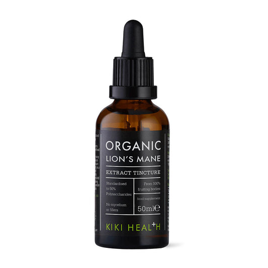 Organic Lions Mane extract tincture from Herbalistas in a 50ml bottle, showcasing the amber liquid and dropper cap.