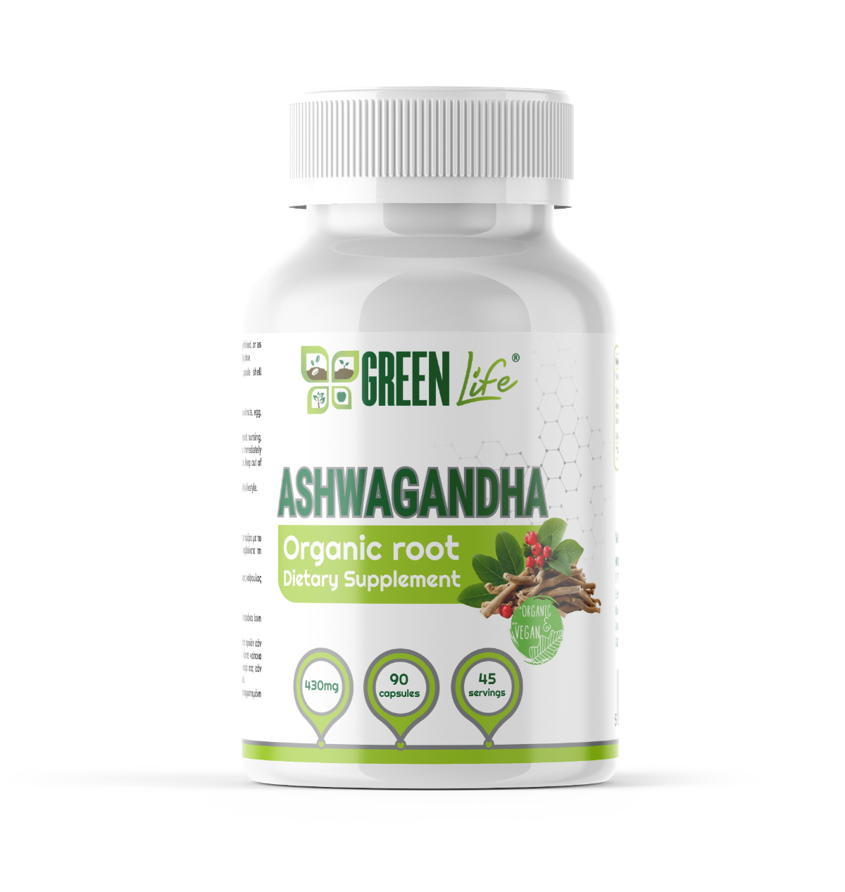 Green Life World organic Ashwagandha supplement bottle with green label, designed for stress support, focus, and balance.