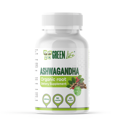 Green Life World organic Ashwagandha supplement bottle with green label, designed for stress support, focus, and balance.