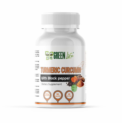 Green Life World organic turmeric curcumin capsules with black pepper, 840mg per serving, 90 vegan capsules in a bottle.