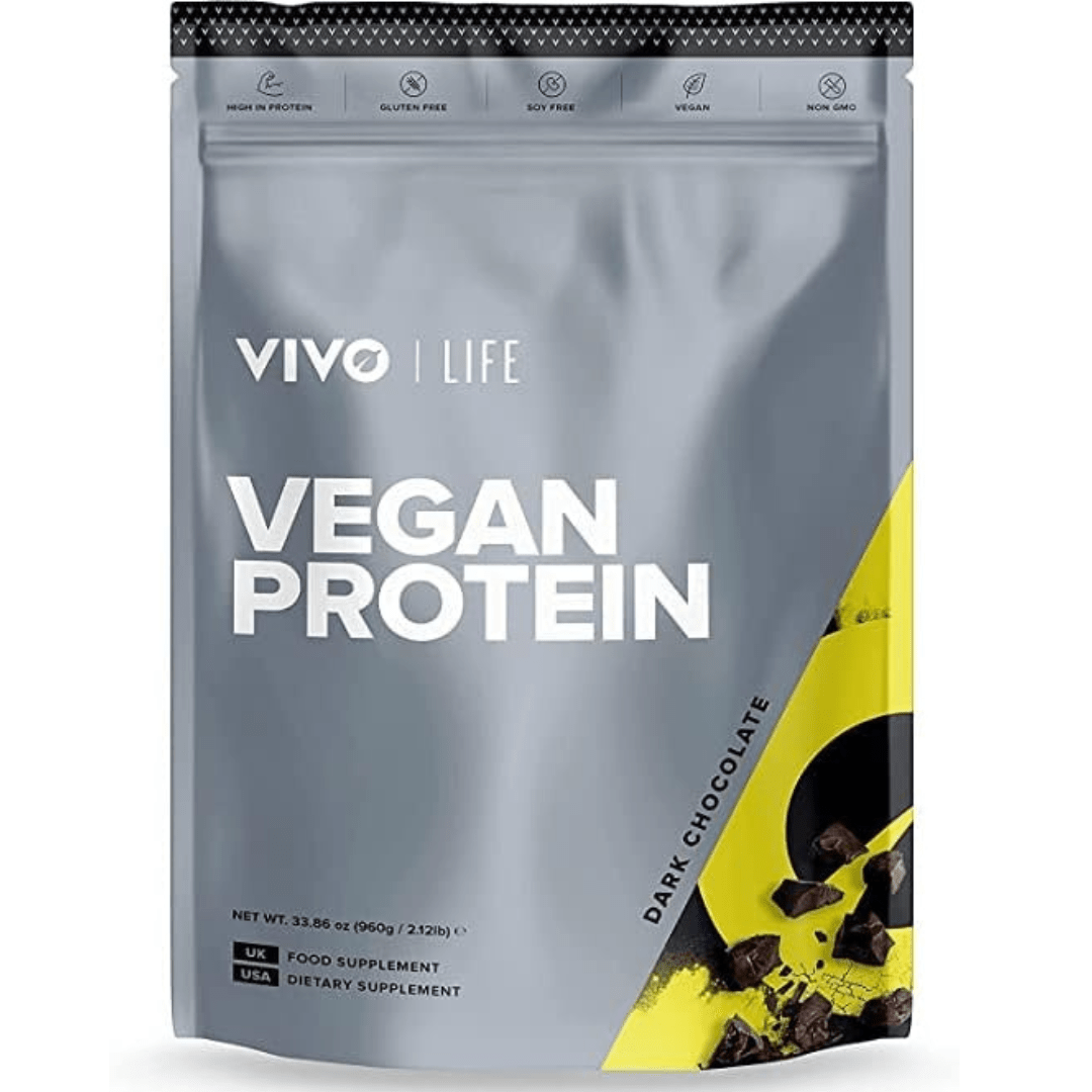Vivo Life plant-based protein powder in a 30-serving container, showing the label and scoop with powder on a clean surface.