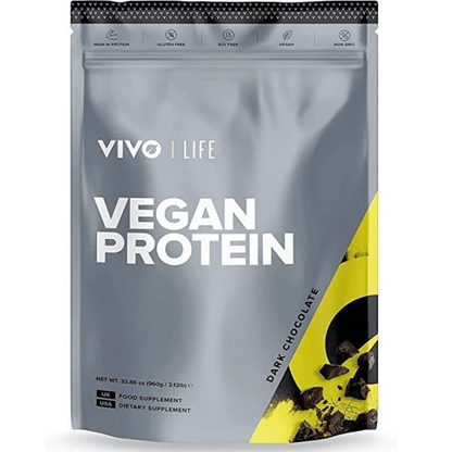 Vivo Life plant-based protein powder in a 30-serving container, showing the label and scoop with powder on a clean surface.