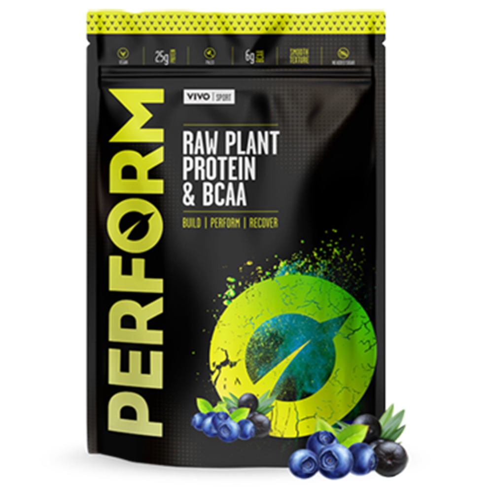 Large container of Vivo Life Perform Raw Plant Protein & BCAA powder, featuring natural plant-based protein supplement packaging.