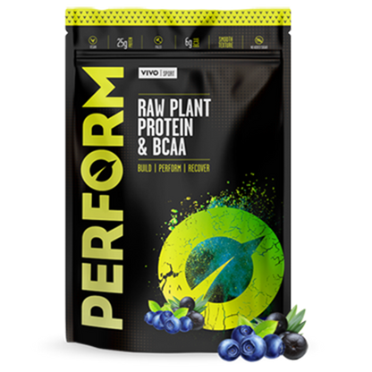 Large container of Vivo Life Perform Raw Plant Protein & BCAA powder, featuring natural plant-based protein supplement packaging.
