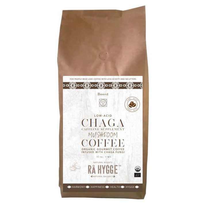 Herbalistas Rå Hygge BIO Chaga Mushroom Coffee whole beans in a 1kg bag, showcasing dark roasted coffee beans with a natural finish.