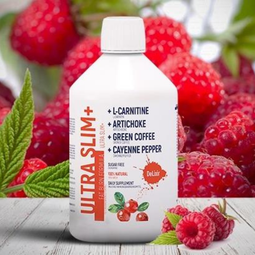 DeLixir Ultra Slim+ supplement bottle with a sleek design and label from DETA ELIS on a white background.