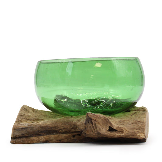 Recycled Beer Bottles - Wide Bowl on Wood - GREEN LIFE CYPRUS