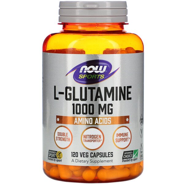 NOW Foods L-Glutamine supplement in 120 vegetarian capsules, showing the bottle and label on a white background.