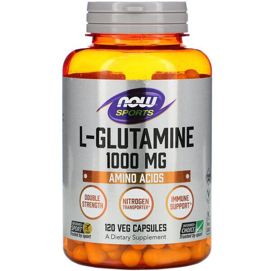 NOW Foods L-Glutamine supplement in 120 vegetarian capsules, showing the bottle and label on a white background.