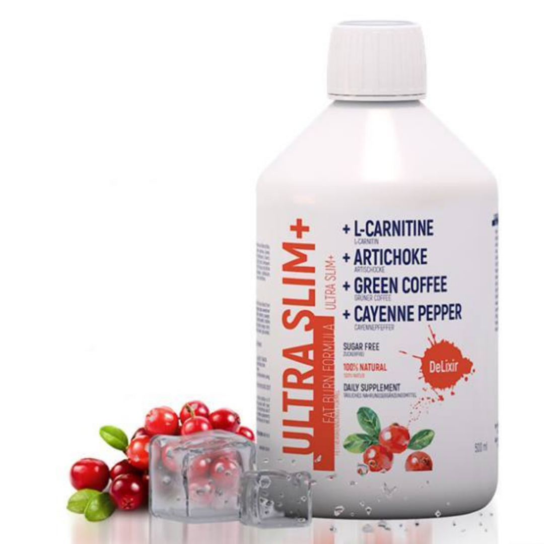 DeLixir Ultra Slim+ supplement bottle with sleek design and label showcasing DETA ELIS branding and product information.