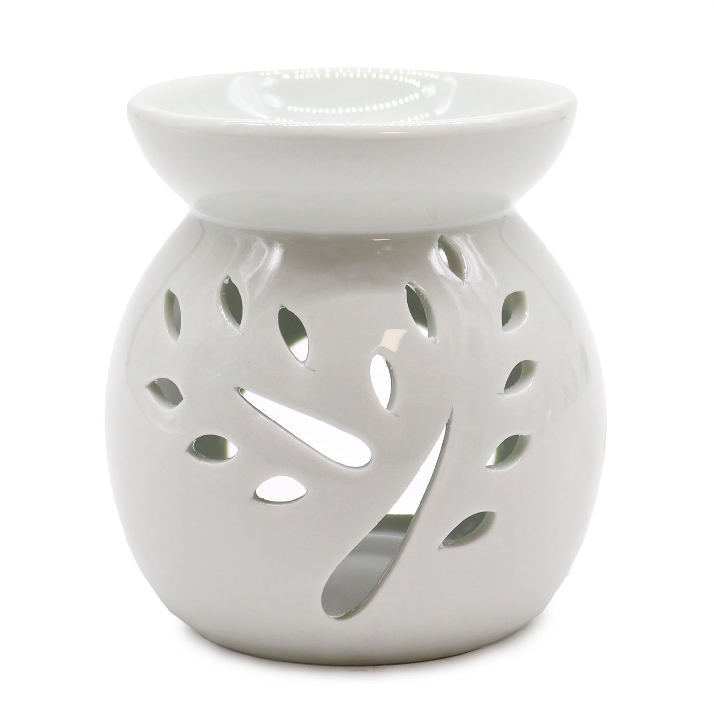 Large white oil burner with tree cut-out design by AW Gifts, classic ceramic accessory for diffuser and aromatherapy use.