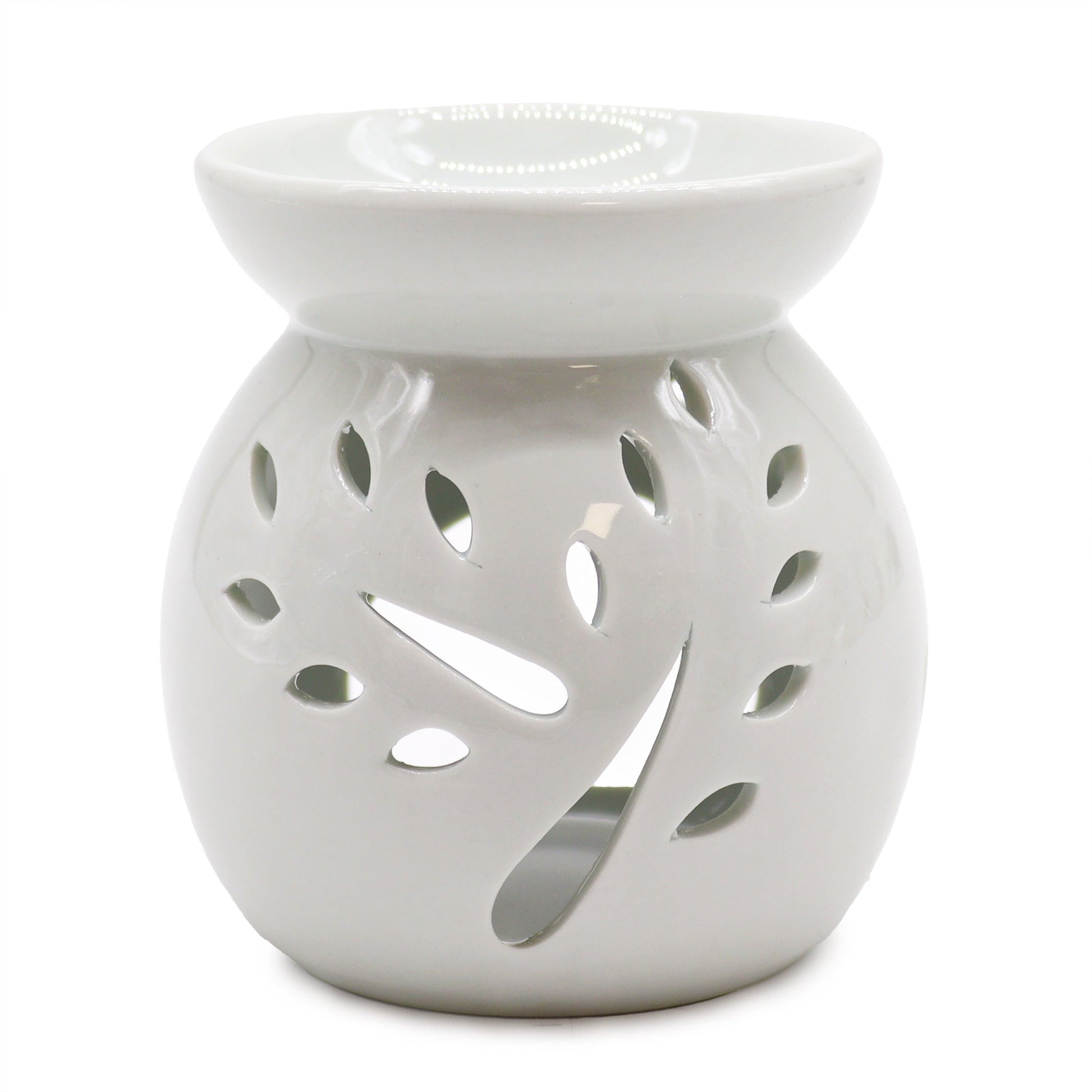 Large white oil burner with tree cut-out design by AW Gifts, classic ceramic accessory for diffuser and aromatherapy use.