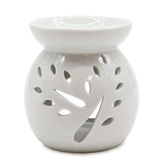 Large white oil burner with tree cut-out design by AW Gifts, classic ceramic accessory for diffuser and aromatherapy use.
