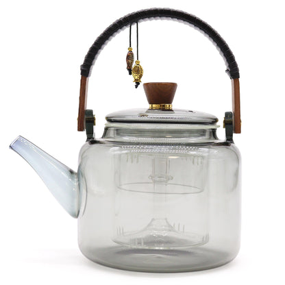 Glass infuser teapot with steamer system in charcoal color, 1000ml capacity, ideal for brewing loose leaf tea.