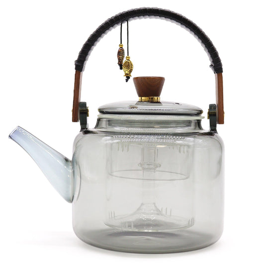 Glass infuser teapot with steamer system in charcoal color, 1000ml capacity, ideal for brewing loose leaf tea.