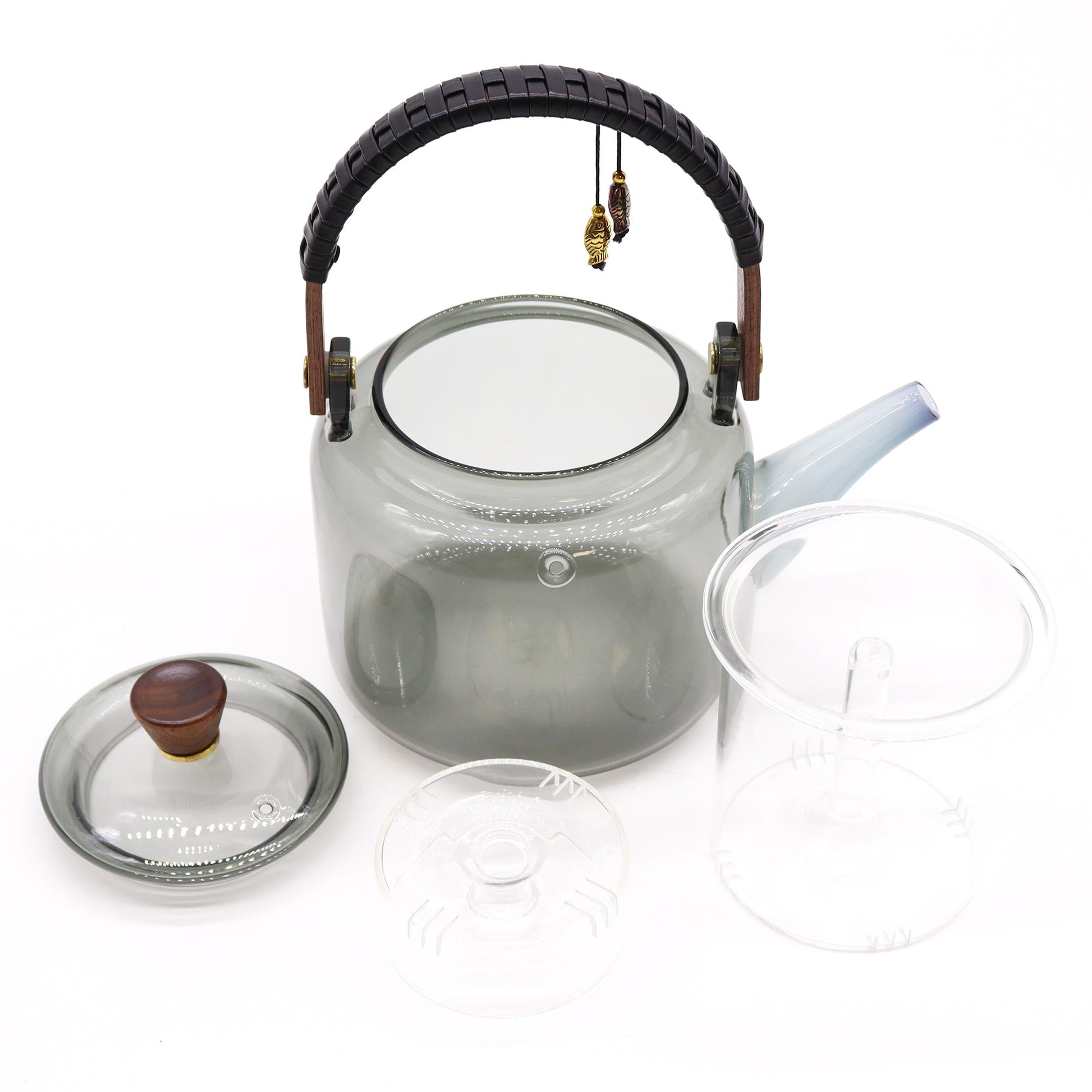 Glass infuser teapot with steamer system in charcoal, 1000ml capacity, featuring a clear glass body and stainless steel infuser.