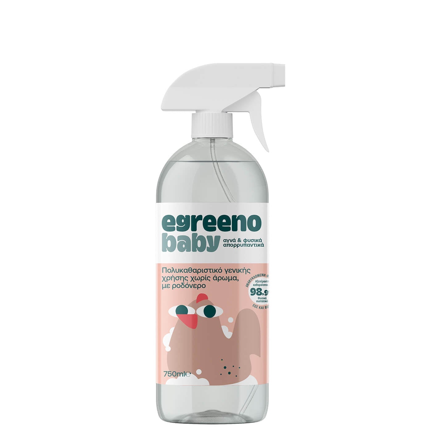 Egreeno Baby Multi-Purpose Cleaner 750 ml bottle, fragrance-free, with a child-safe spray nozzle, suitable for cleaning various surfaces.