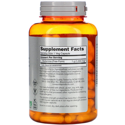 NOW Foods L-Glutamine supplement in 120 vegan capsules, 1000 mg for immune and muscle support.
